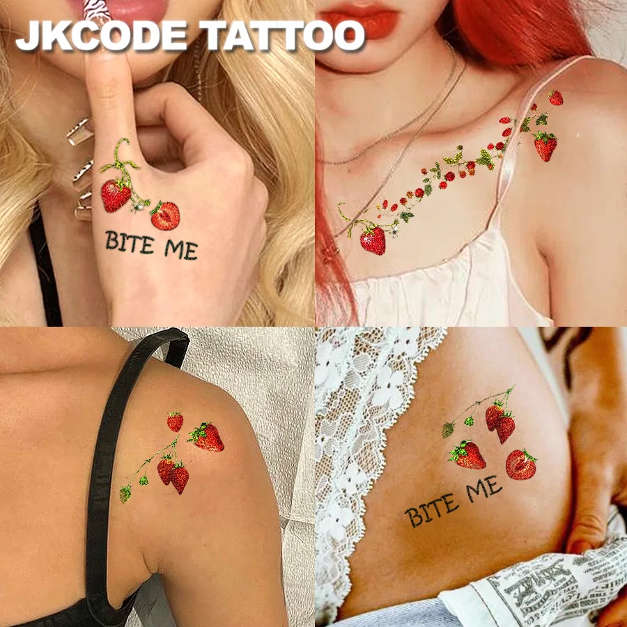 

Red Rose Strawberry Glitter Tattoo Set - Romantic Elegant Style Cute Tattoo'Red Rose-Strawberry Bite Me' Valentine's Day Tattoo Pattern - Colorful Daily Temporary Tattoo - Ins Christmas Pattern Temporary Tattoo Cool Girl Style Hand Back Neck Leg Multi-Pur