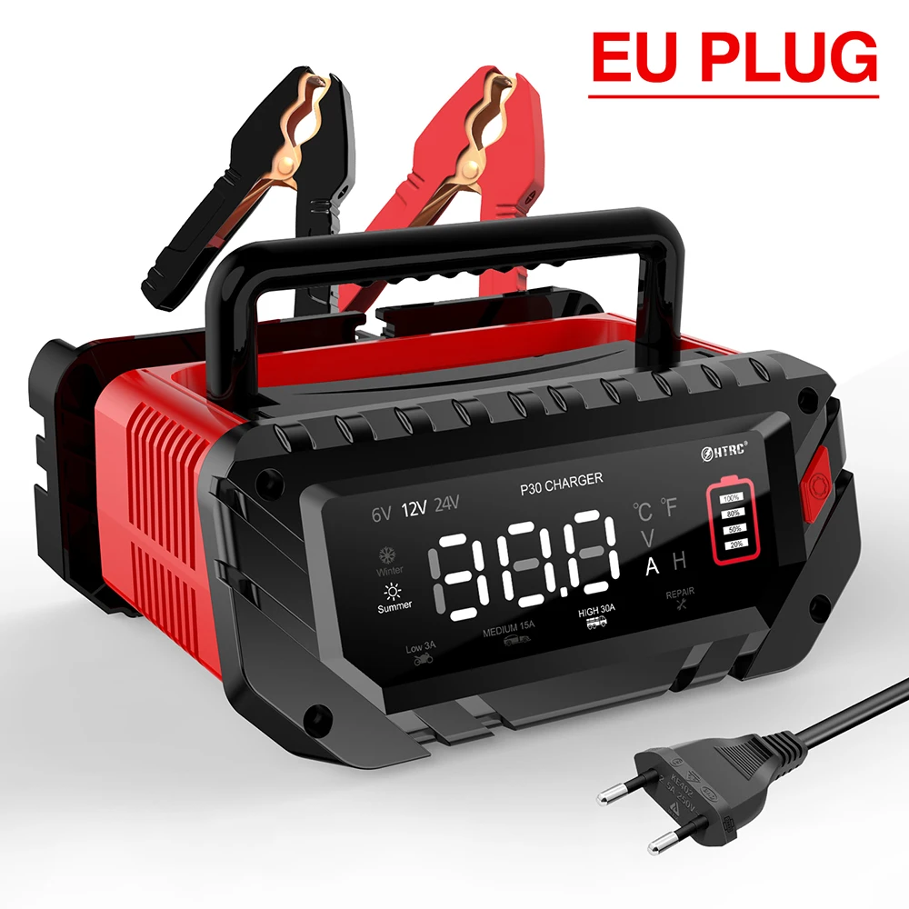 HTRC P30 Car Battery Charger 420W 6V/12V/24V LCD Display Quick Charger For Cars RV SUV Motorcycle Repair Car Maintainer Motor