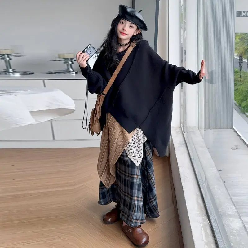 

Children Girls Two-piece Suits Teenager Girls Irregular Long Sleeve Sweater Junior Girls Plaid Lace Patchwork Skirt Kid Girl Set