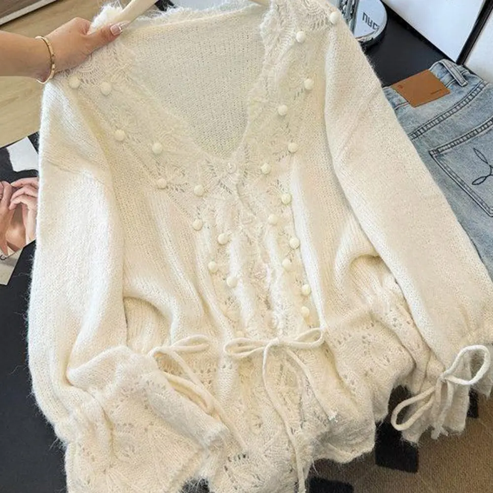 

European Style V-Neck Hook Lace Hollow Out Knitted Coat Women Early Autumn Plus Size Big MM Waist-Cinching Sleeveless Top