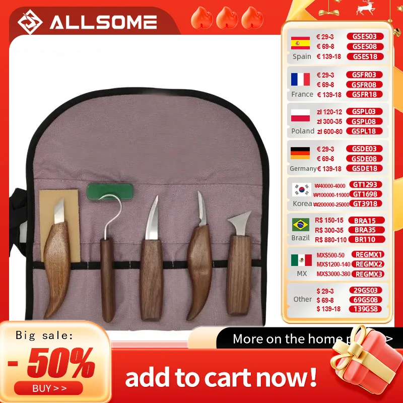 ALLSOME 8Pcs Wood Carving Knife Chisel Woodworking Cutter Hand Tool Set Peeling Woodcarving Sculptural Spoon Carving Cutter