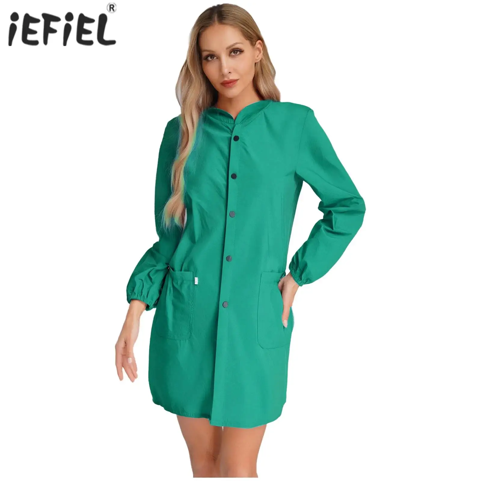 

Womens Long Sleeve Pockets Outerwear Workwear Waterproof Hooded Smock Work Jacket Raincoat Oilproof Kitchen Cleaning Jacket
