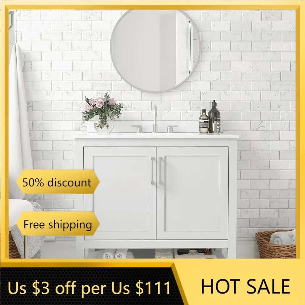 

36 Inch Bathroom Vanity With Marble Finish Counter Top Single Sink Cabinet With Soft Close Doors and Open Shelf in White Fixture