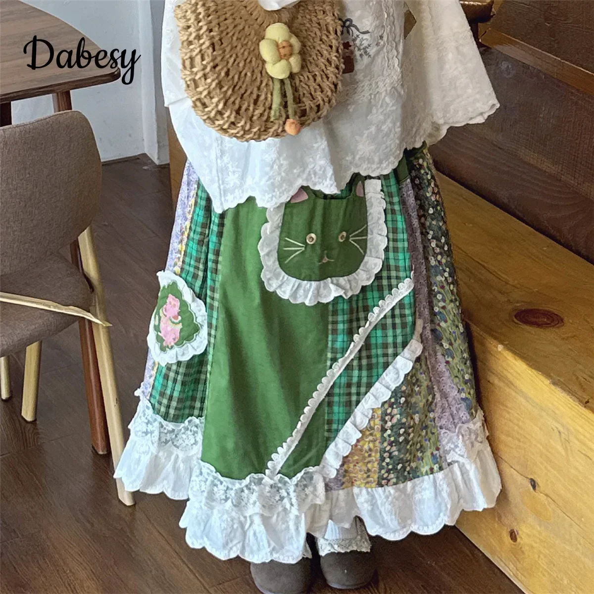 Vintage Plaid Patchwork Corduroy Lolita Skirt Women Autumn Japanese Mori Girl Lace Ruffled High Waist A-line Party Skirts Female