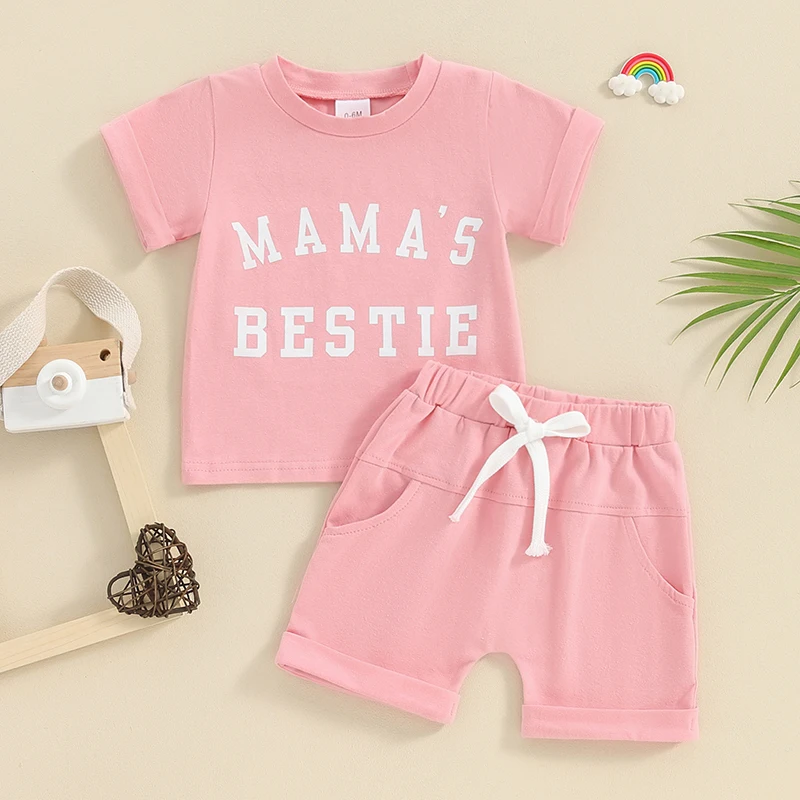 

Baby Girl Summer Clothes Letter Print Short Sleeve Round Neck T-Shirt with Solid Color Shorts 2Pcs Outfit