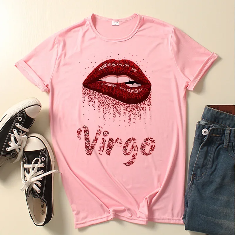 Women T Shirt Virgo Blazing Red Lips Print Short Sleeve Tee O Neck Loose Women T-shirt Ladies Shirt Camisetas Mujer Tops