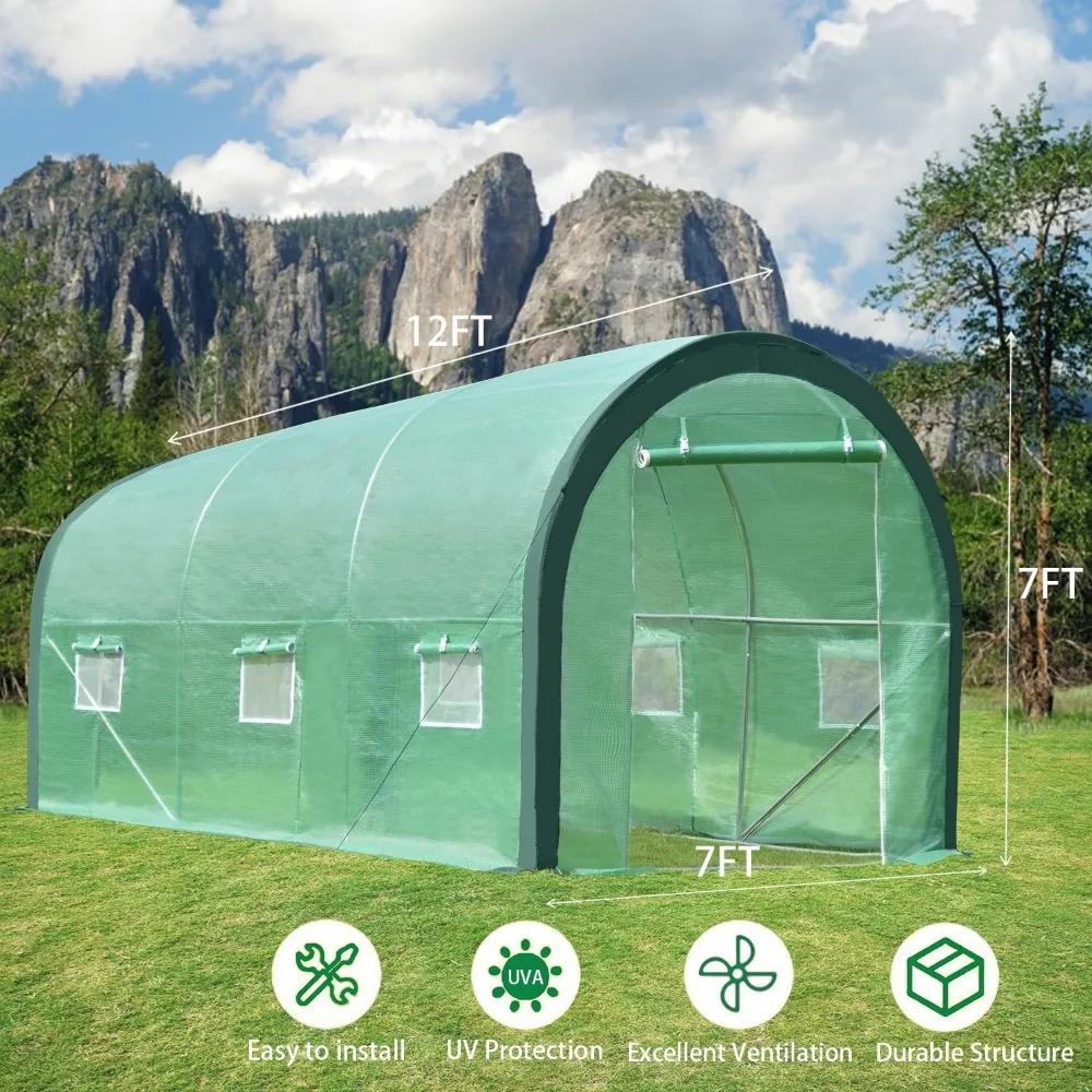 12 x 7 x 7ft. Portable Walk-in Tunnel Greenhouse, Large Heavy Duty Gardening Plant House with 2 Zippered Doors 6 Screen Windows