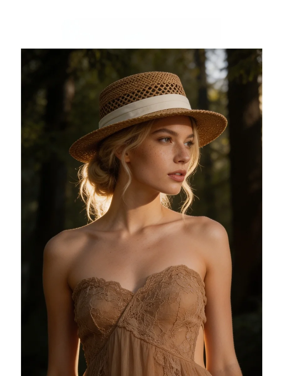 handwoven-hollow-out-straw-hat-breathable-summer-cap-flat-top-lightweight-adjustable-women's-spring-summer-fashion-accessory