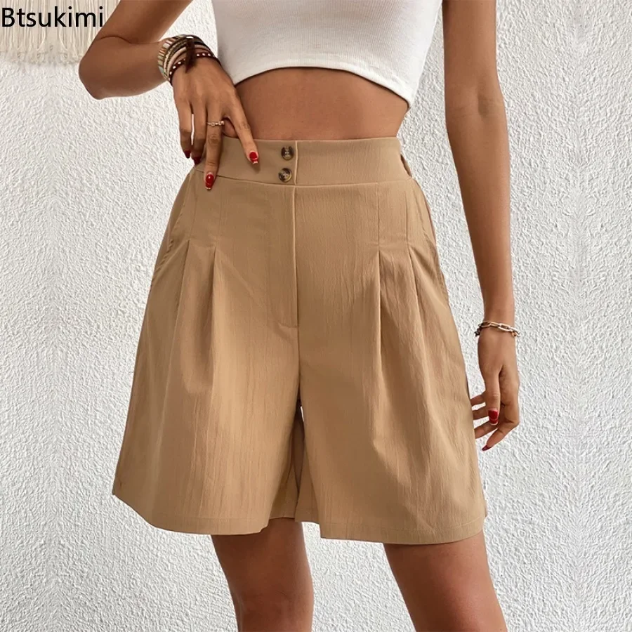 2025 Women's Fashion Elegant High-waisted Shorts Loose Casual Solid Wide Leg Shorts Ladies Daily Commuting All-match Short Pants