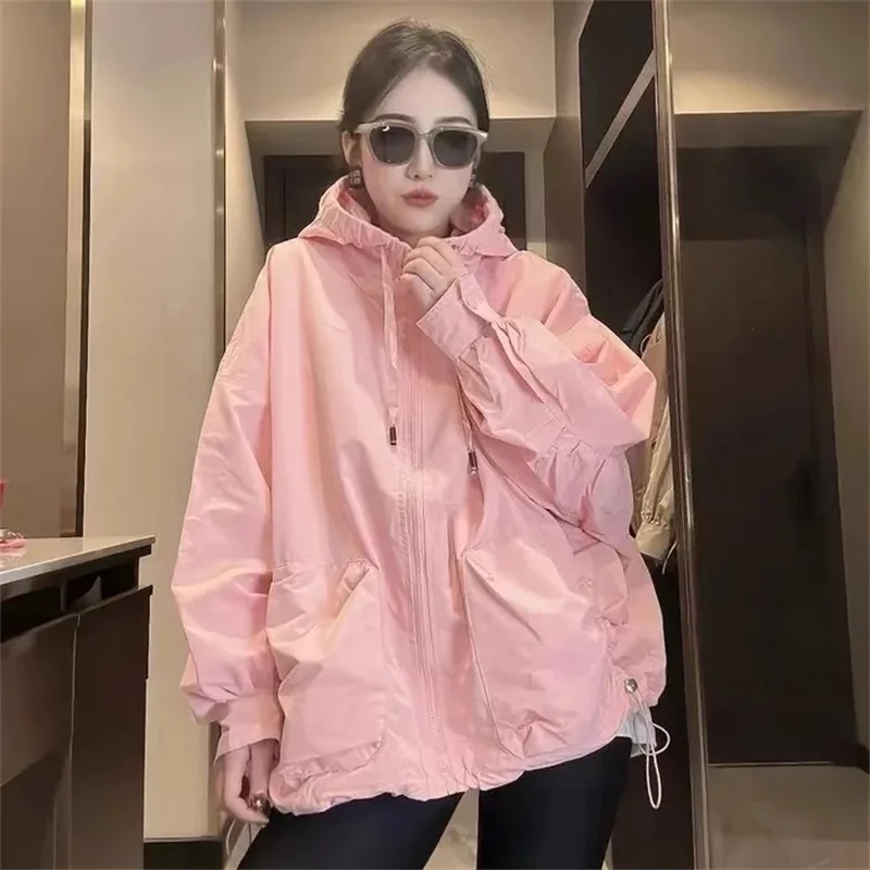 

Spring Autumn New Hooded Windbreaker Women Korean Casual Mid-Length Zipper Coat Female Casual Outerwear Loose Jacket