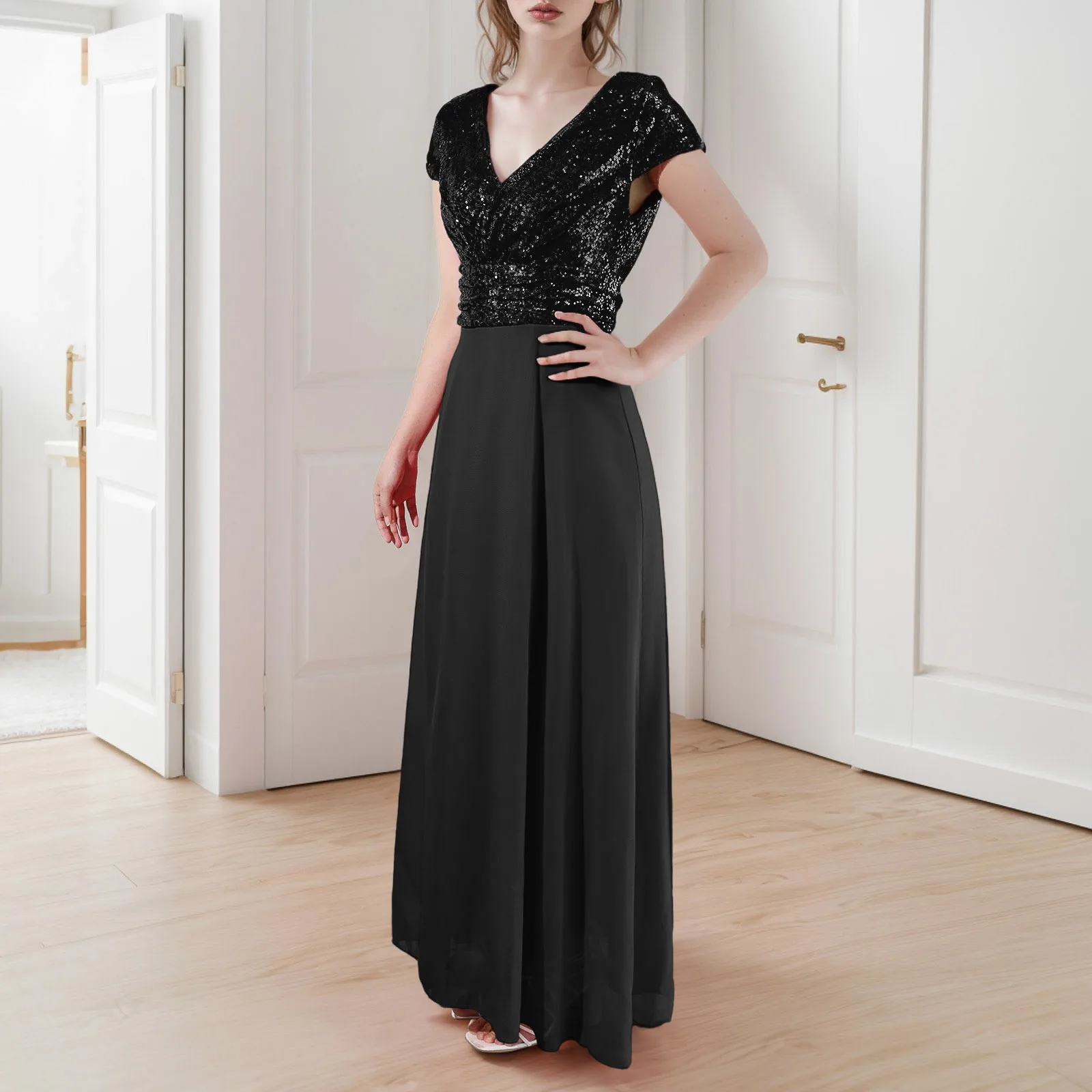 Women's Summer V Neck Sequined Chiffon Panel Evening Gown Long plus Size Floor Length Dresses for Women Bowling Dress Women