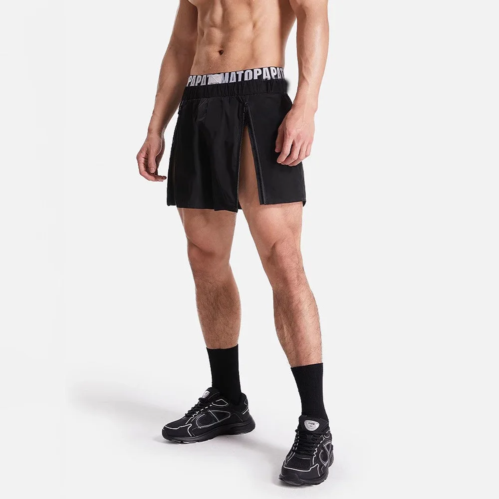 Calções esportivos de zíper duplo respirável masculino, slim fit, calças de treino de ginástica de praia, elástico, verão, 2024