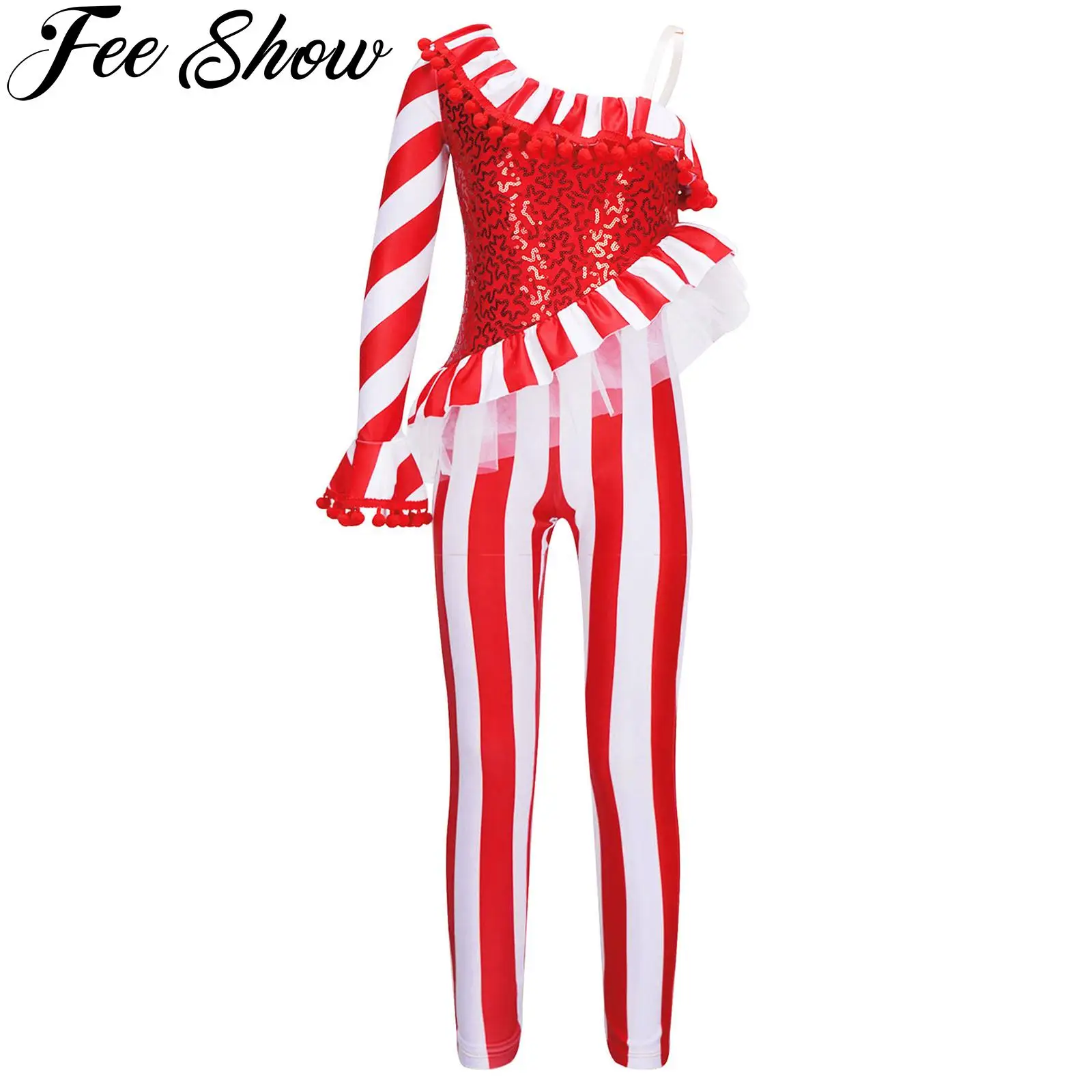 

Girls Kids Xmas Candy Cane Striped Unitard Jumpsuit Sequins Ruffle Pom Pom Trim Bodysuit Ballet Dance Cheer Performance Costume