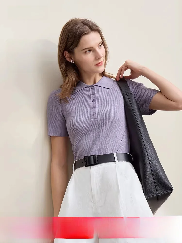 

Spring New Sle Women's Collar f Open Knitted Sweater ort Sve Moving Needle Hole Punching Casual Slim Fit Polye...