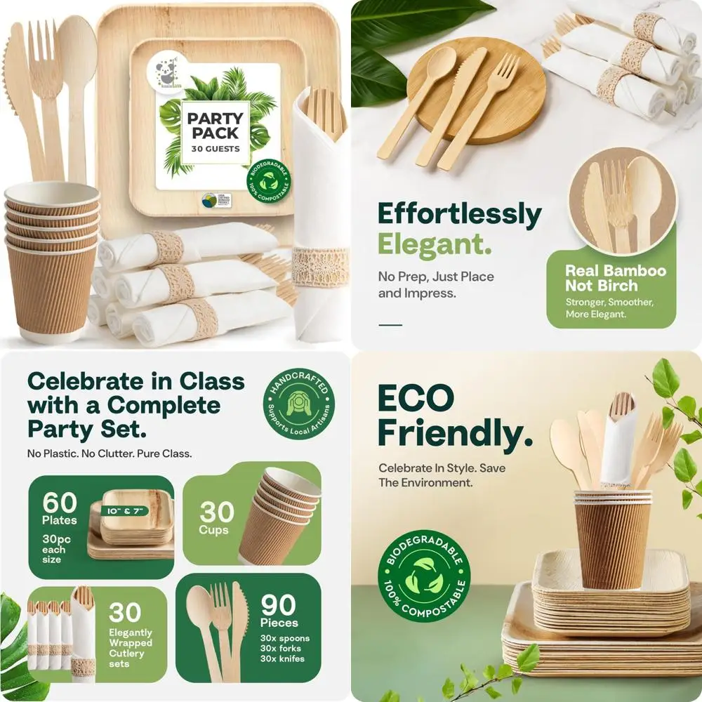 

Экологичные бамбуковые тарелки и набор столовых приборов — биоразлагаемые принадлежности для вечеринок 10 и 7 дюймов с рулонной посудой и салфетками