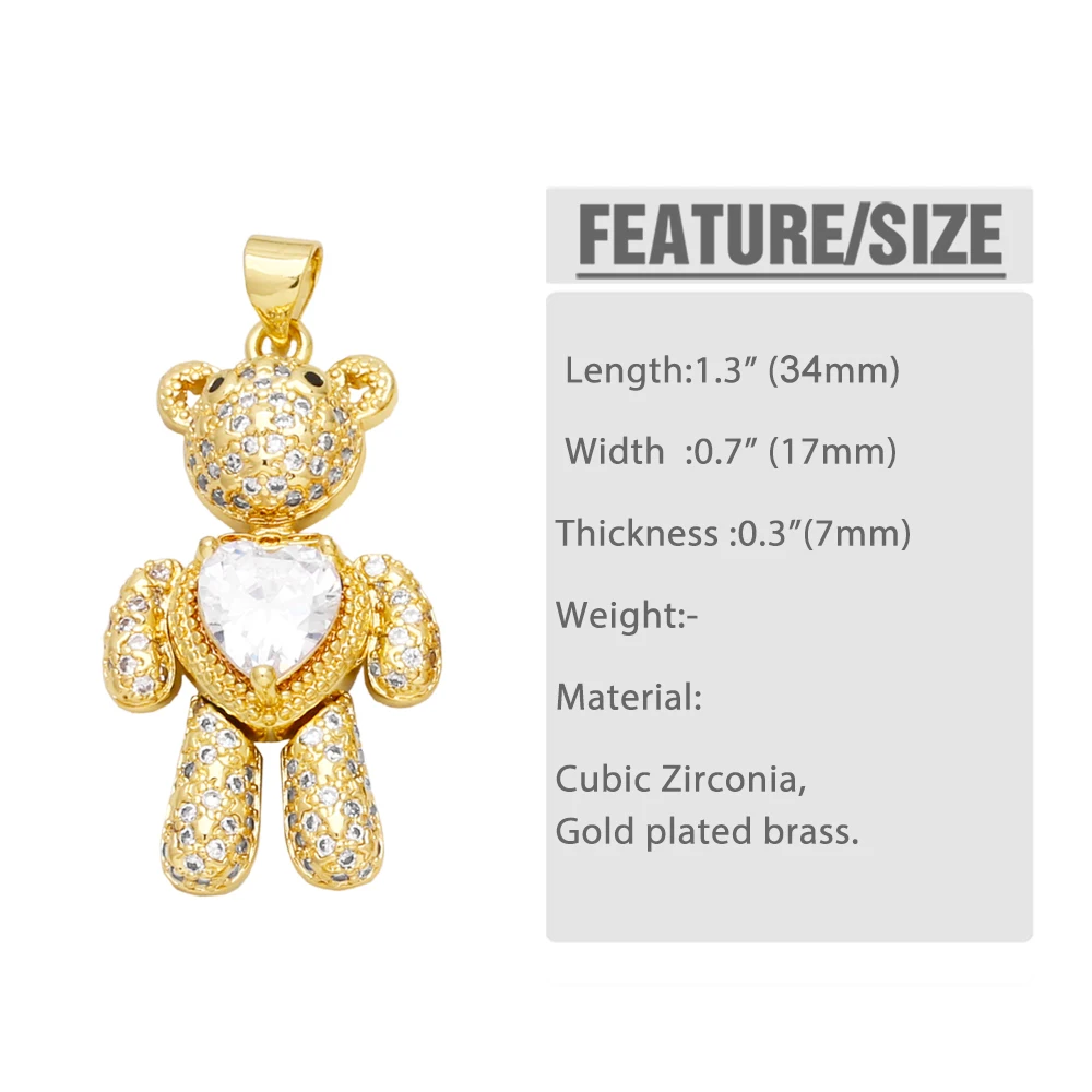 OCESRIO Multicolor Crystal Heart Bear Pendant for Necklace Copper Gold Plated Moveable Animal Jewelry Making Component pdtb333