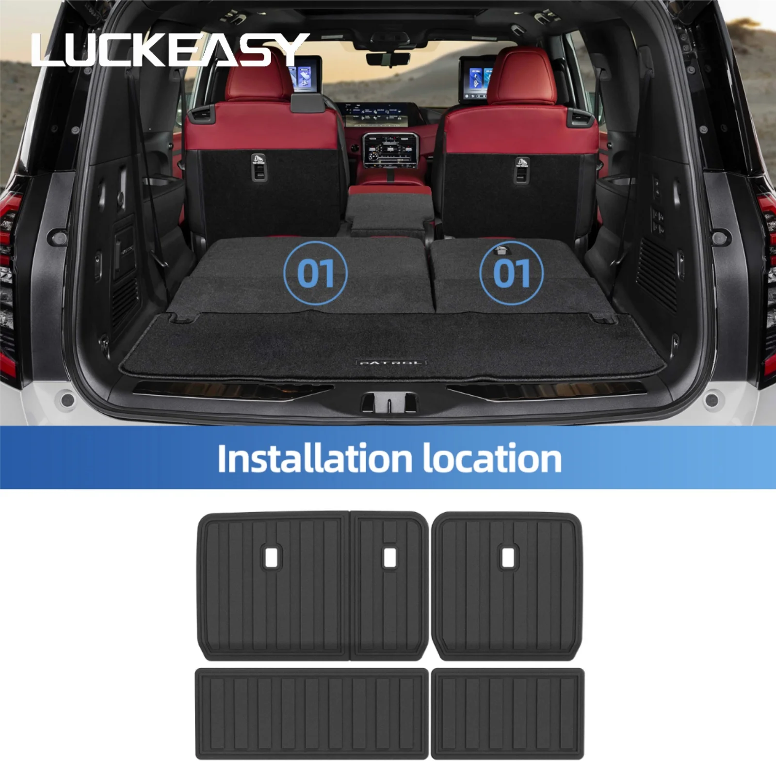 LUCKEASY Left Drive for Nissan Patrol Y63/Armada 2025‑2026 8Seat TPE Car Floor Mats Cargo Trunk Backrest Pad Accessories Black
