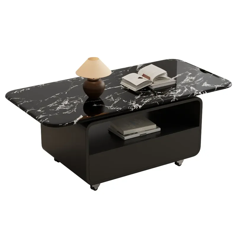 Rectangular Glass Coffee Table with Drawers Crystal Stone Top Large Storage Removable Tray Simple Living Room Furniture