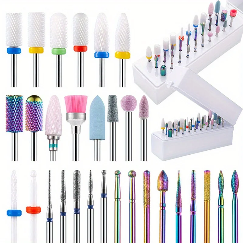 30Pcs Nail Drill Bits Ceramic Diamond Cuticle Efile Carbide Remover for Home Salon Acrylic Gel Nail Manicure Pedicure Tools