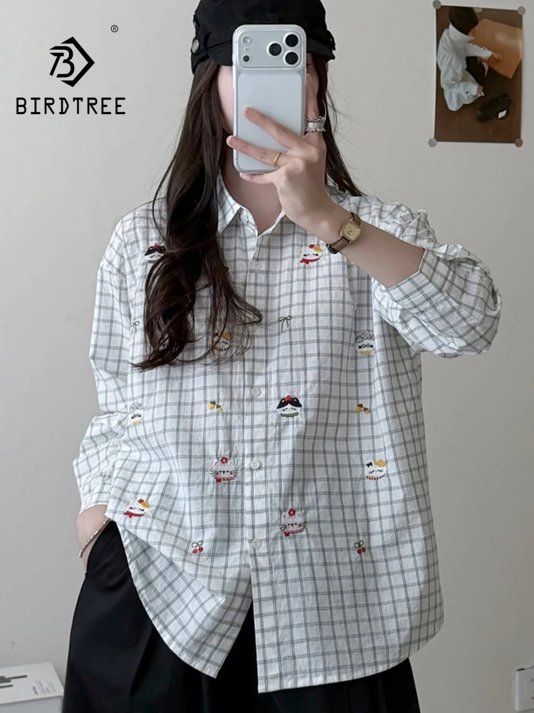 New 2026 Autumn Women Cotton Long Sleeve Shirt, Turn-down Collar Cat Embroidery, Mori Girl Age Reduction Loose Blouse T68048CC
