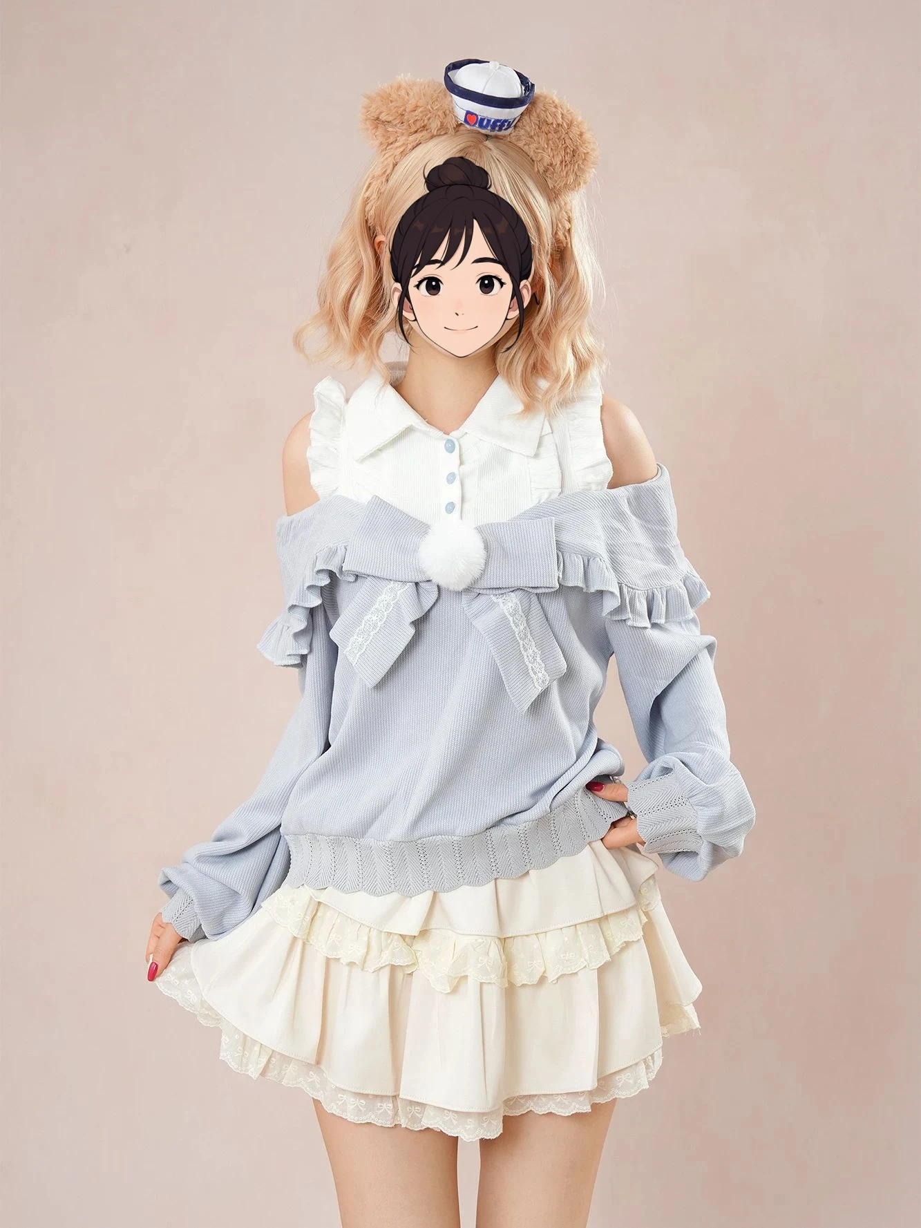 Cute Japanese Lolita Two-Piece Set Women's Autumn Winter Small Size College Style Sweet Fashion Ensemble  Knot Design