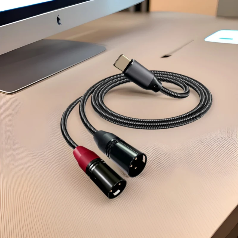 Cable de audio USB C a XLR dual, cable trenzado de amplificador de potencia estéreo tipo C macho a 2 XLR macho para amplificador, altavoz, consola mezcladora