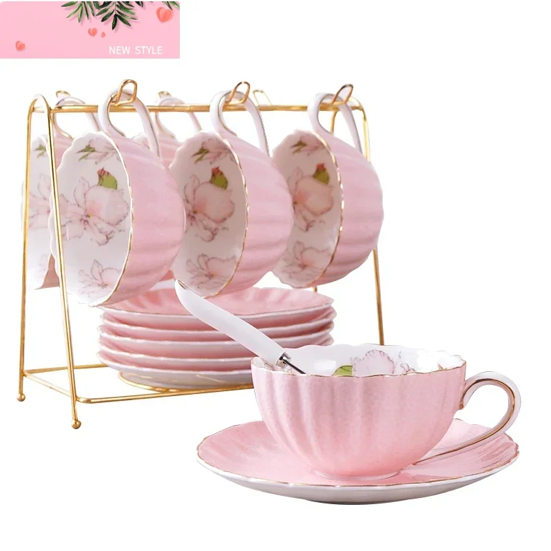 

1-6 шт. розовый романтический набор кофейных чашек с тыквой, кухонные аксессуары, керамика из костяного фарфора, органайзер для чая, английский послеобеденный красный чай