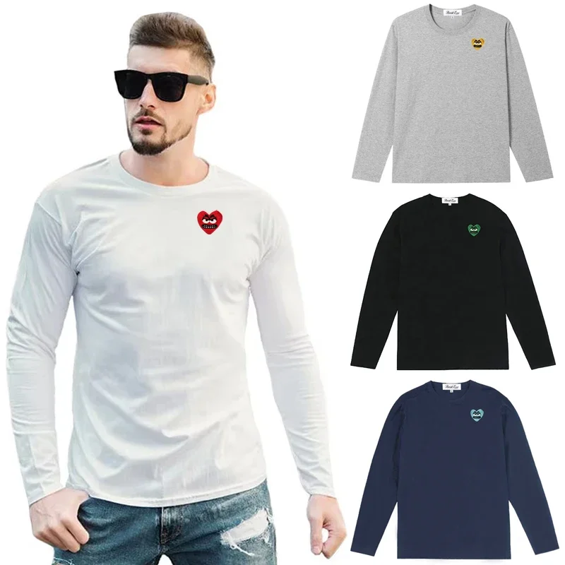 Break Egg Men Long-sleeved T-shirt Cotton Cool Cute Snag Heart Embroidery O-neck Straight Summer Solid T-shirt