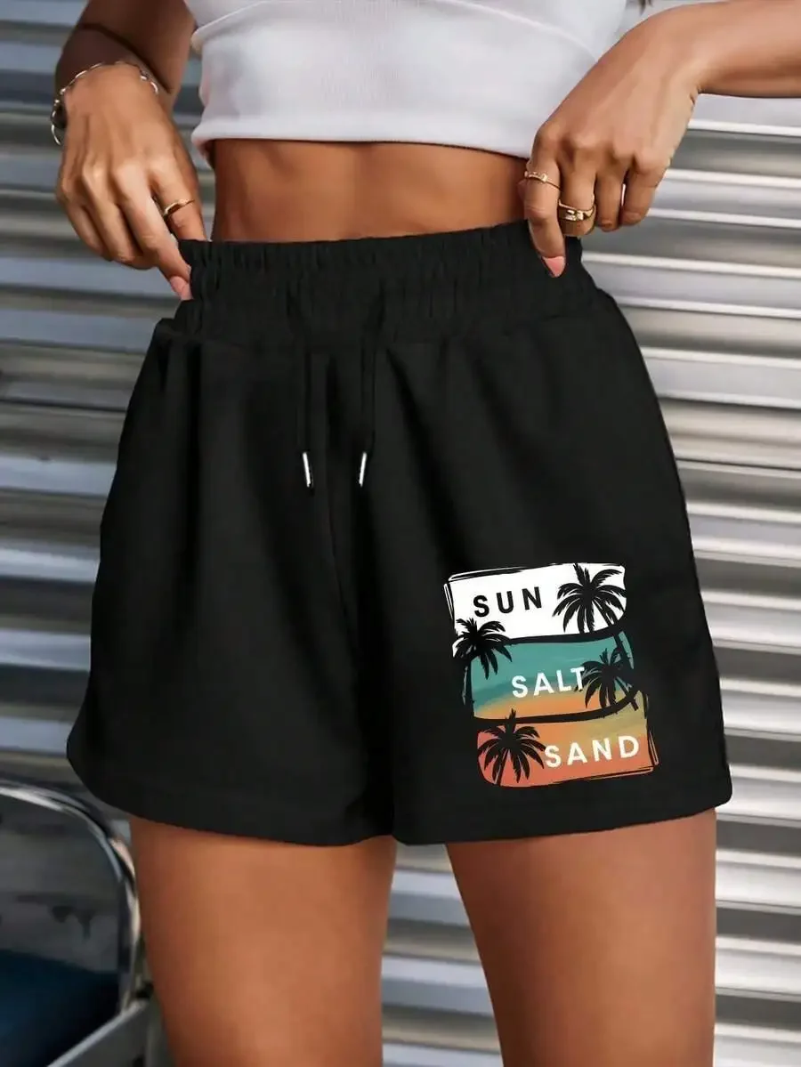 Ropa de talla grande para mujer, pantalones cortos de playa de verano para mujer, pantalones cortos de baño de felpa con cintura elástica de cinco puntos, con inscripciones de árboles y arena salada, pantalones cortos informales de color turquesa/beige/coral para surf, natación y piscina (control de abdomen, estilo de secado rápido), talla grande W