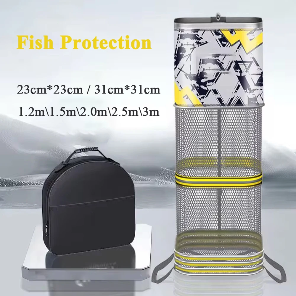 

2024 New Portable Mesh Net Fish Storage Fishing Accessories Aluminium Ring Folding Fish Cage Fishing Trap Net Fish Basket Tackle