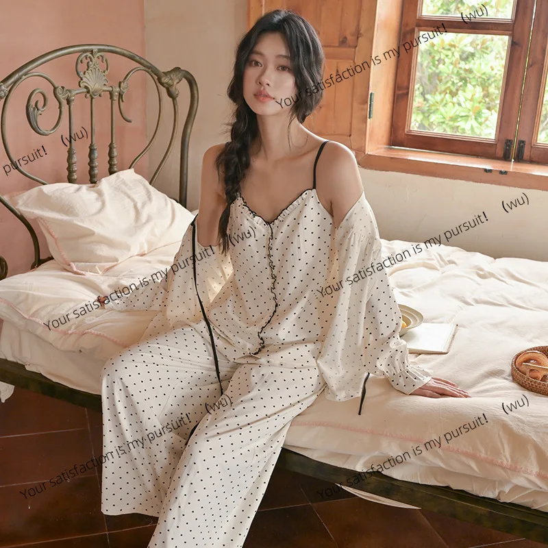 

Pajamas women's spring and autumn long-sleeved three-piece suit casual large size fashion polka dot printing 2025 new loungewear