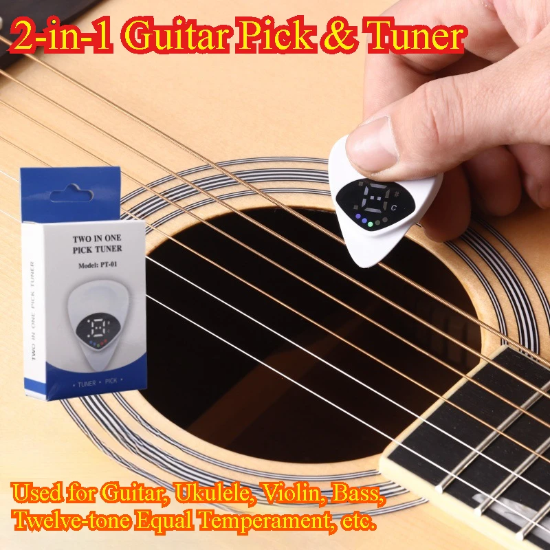 2-in-1 Folk Guitar Pick & Tuner Guitar and Ukulele Tuner Portable Pitch Calibrator for Violin and Bass 12-Tone Equal Temperament