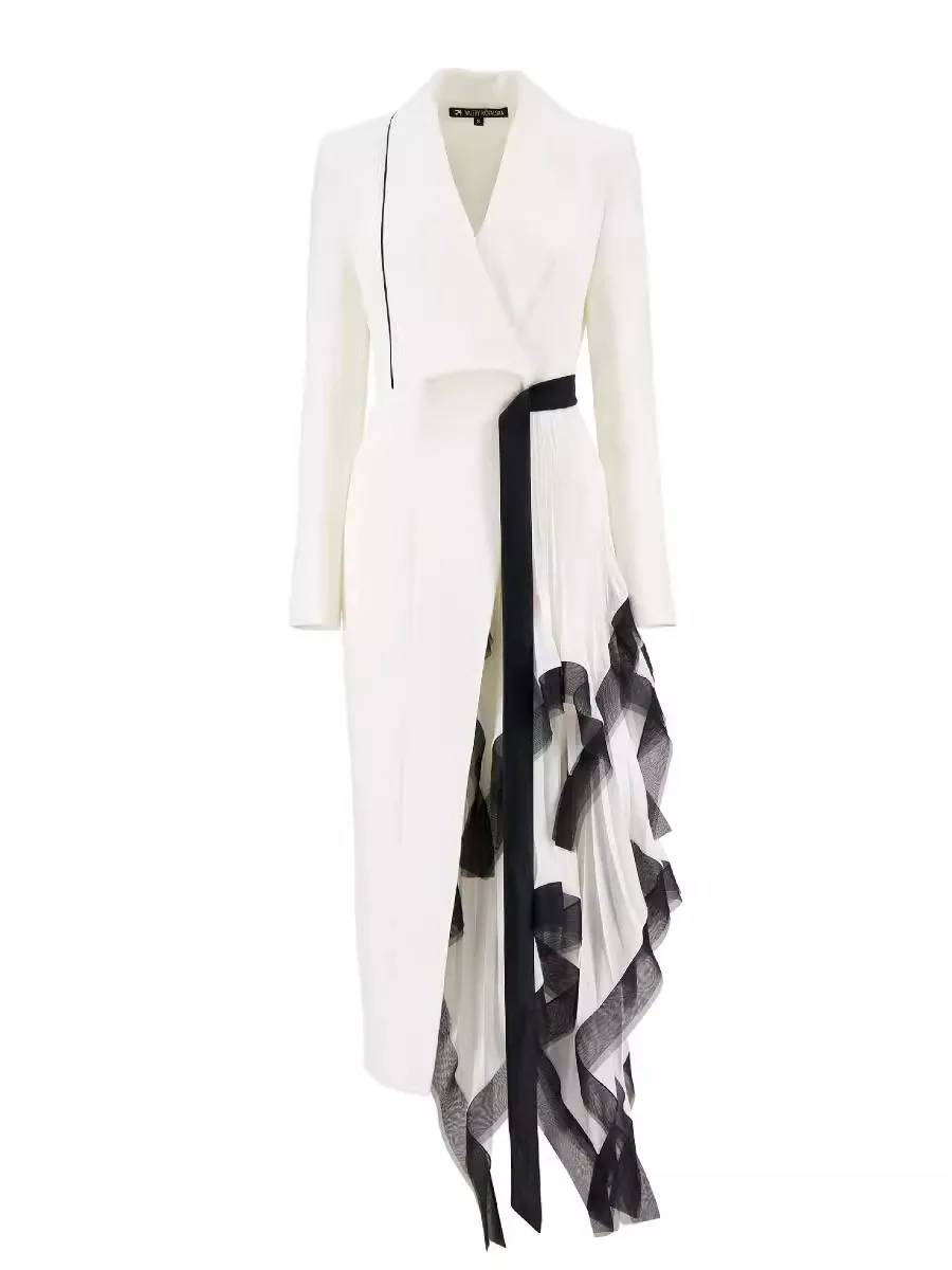 White Black Women Suit One Piece Long Blazer Coat Belt Ruffles Long Sleeve Autumn Fall Formal Office Lady Windbreak Jacket G702