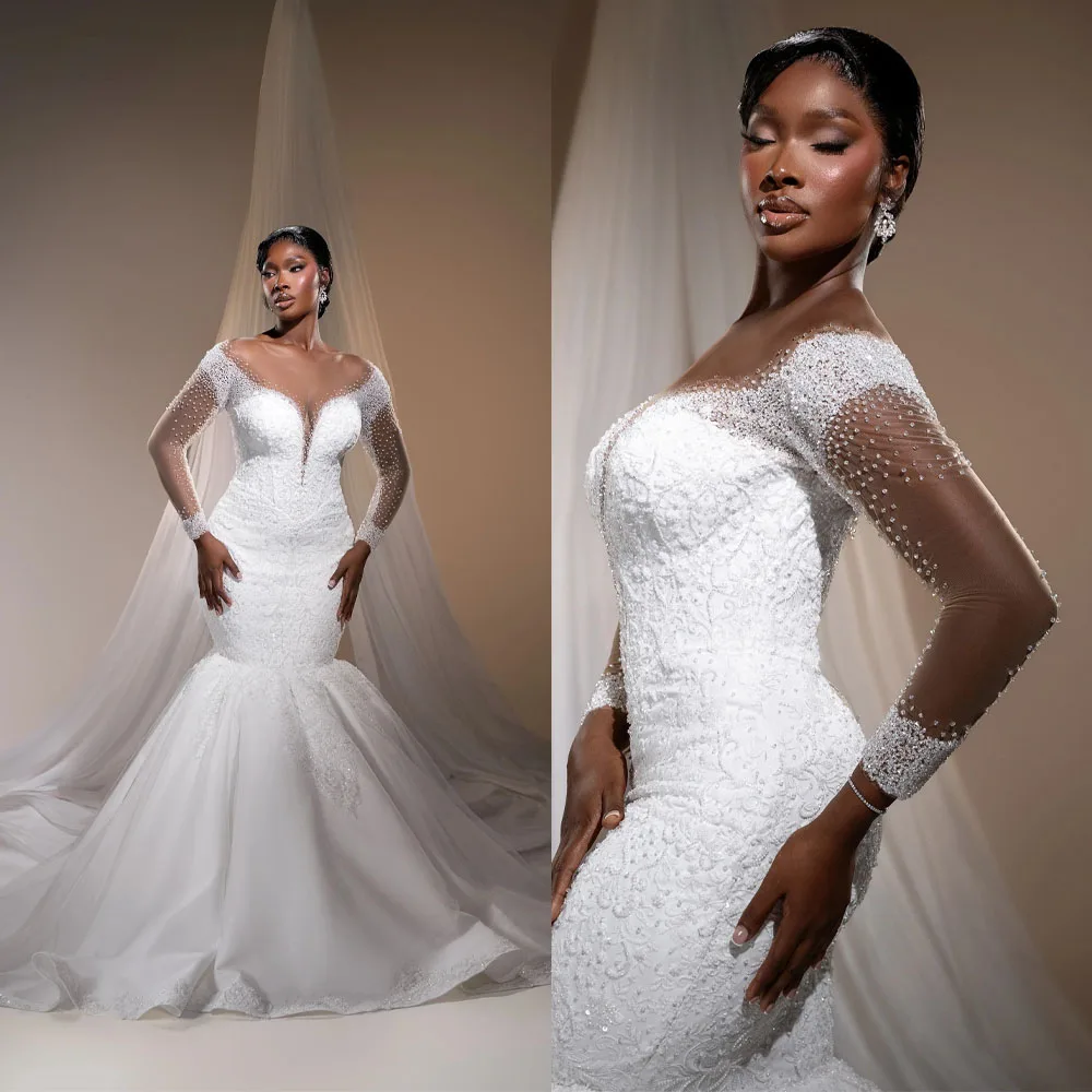 Luxury Mermaid Wedding Dress Sweetheart Beaded Sequins Lace Appliques Formal Bride Gowns Customized Sweep Train Bridal Dresses