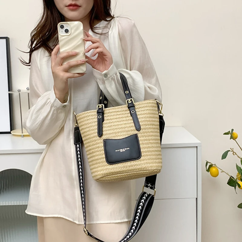 Woven Straw Shoulder Bag Female Crossbody Bags for Women 2023 Designer Bucket Bag Summer Beach Handbags Purse Travel Shopper Bag