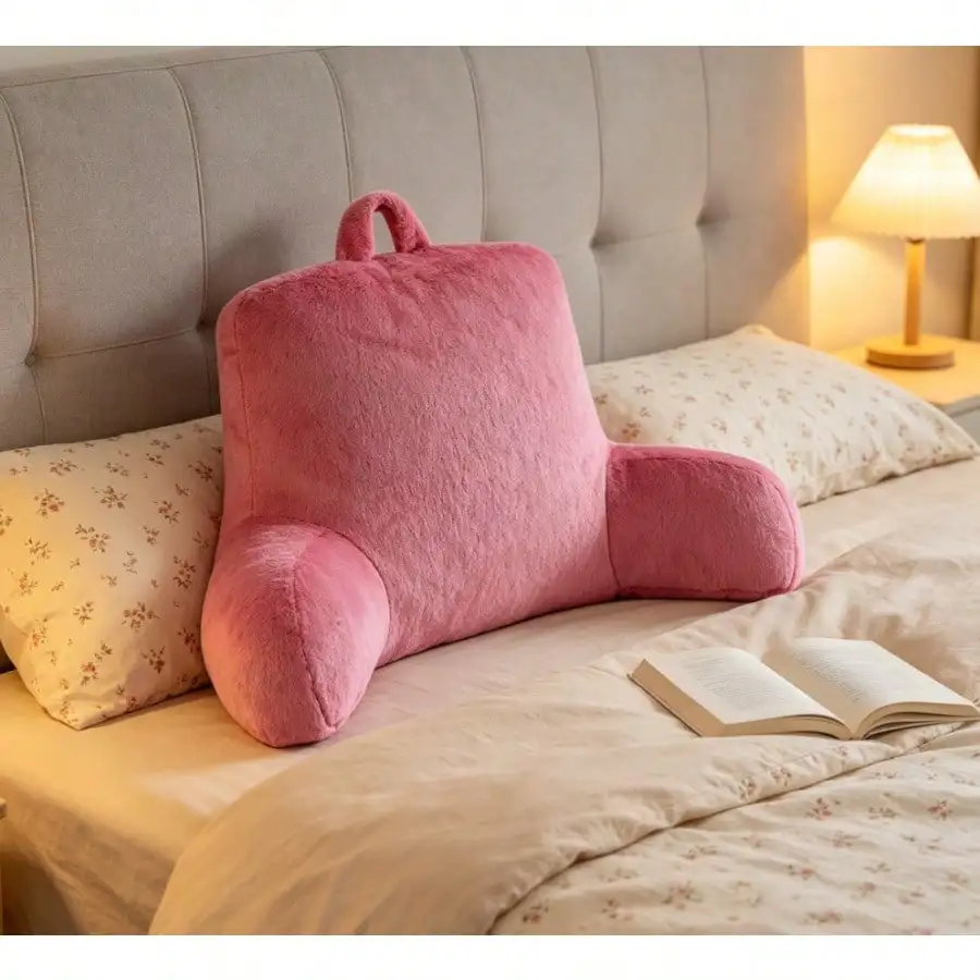 

Plush Faux Fur Bed Rest Pillow, Supportive Reading Lounge Pillow (Pink)