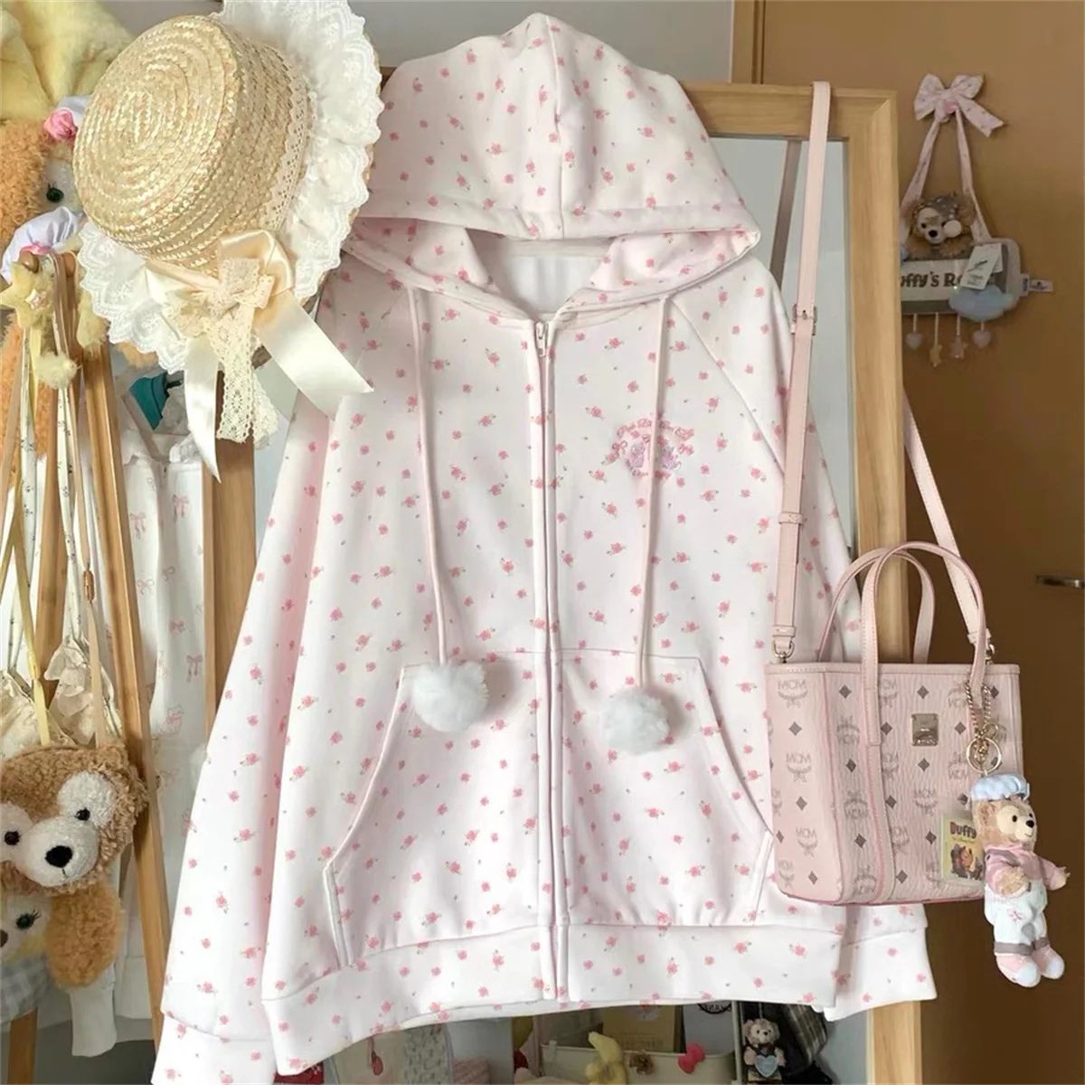 Felpe con cappuccio tascabili patchwork in pizzo giapponese Top autunno Harajuku Felpa con stampa di cartoni animati Casual sciolto Y2k estetica streetwear