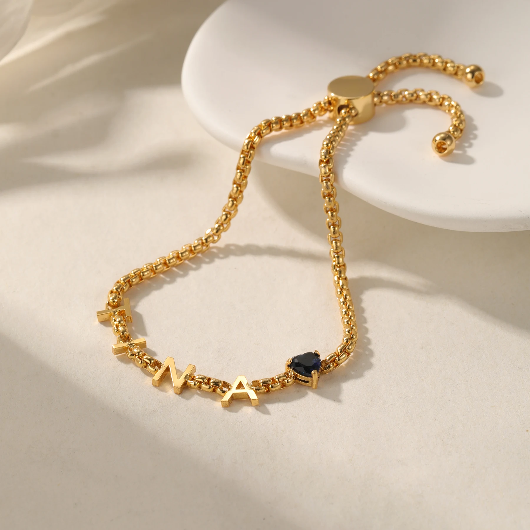 

Custom Letter Bracelet with Heart Birthstone Personalized Name 18K Gold Plated Stainless Steel Bracelets For Women Charm Gifts