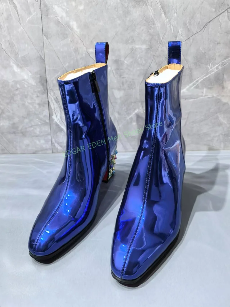 Fashion Colorful Crystal Decoration Square 5cm High Heel Ankle Boots Pointed Toe Side Zipper Male Blue Wedding Boots Shoes