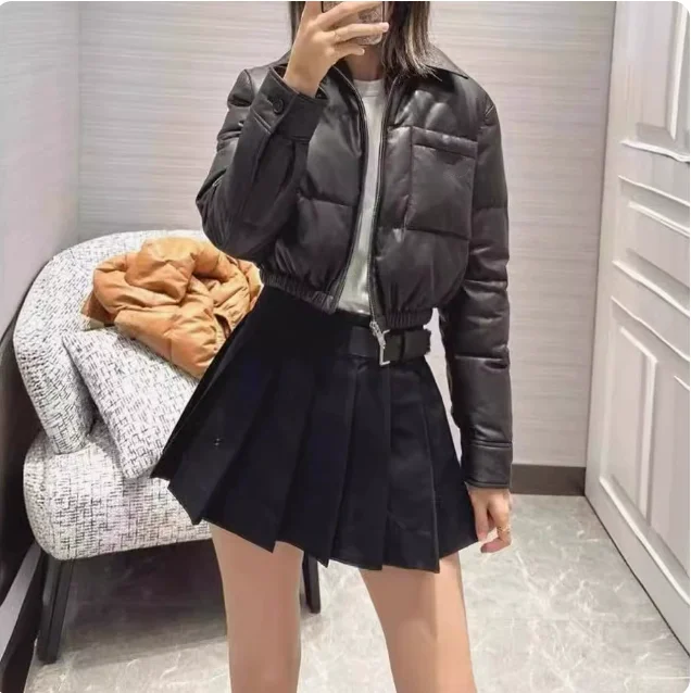 2023 Winter Fashion New Elastic Waist Genuine Leather Sheepskin and Cotton Short 90% White Duck Down Jacket E82