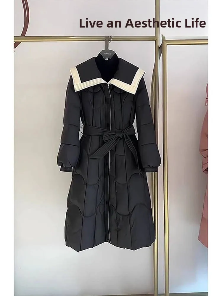 

Ele Bla Mid-Length Women's down Jaet White Du Feather Filled Bowed Waist Design Turn-down Collar Winter Outerwear