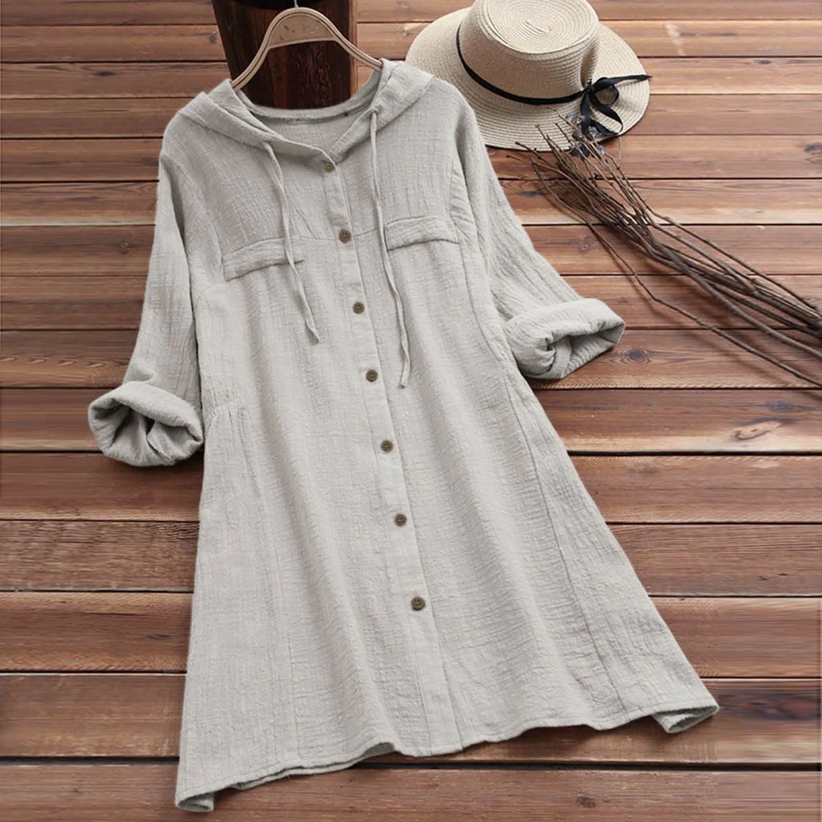 Women Blouses Vintage Cotton Linen Button Shirts Summer Long Sleeve Casual Hooded Tops And Blouses Plus Size Shirts Tunic Top