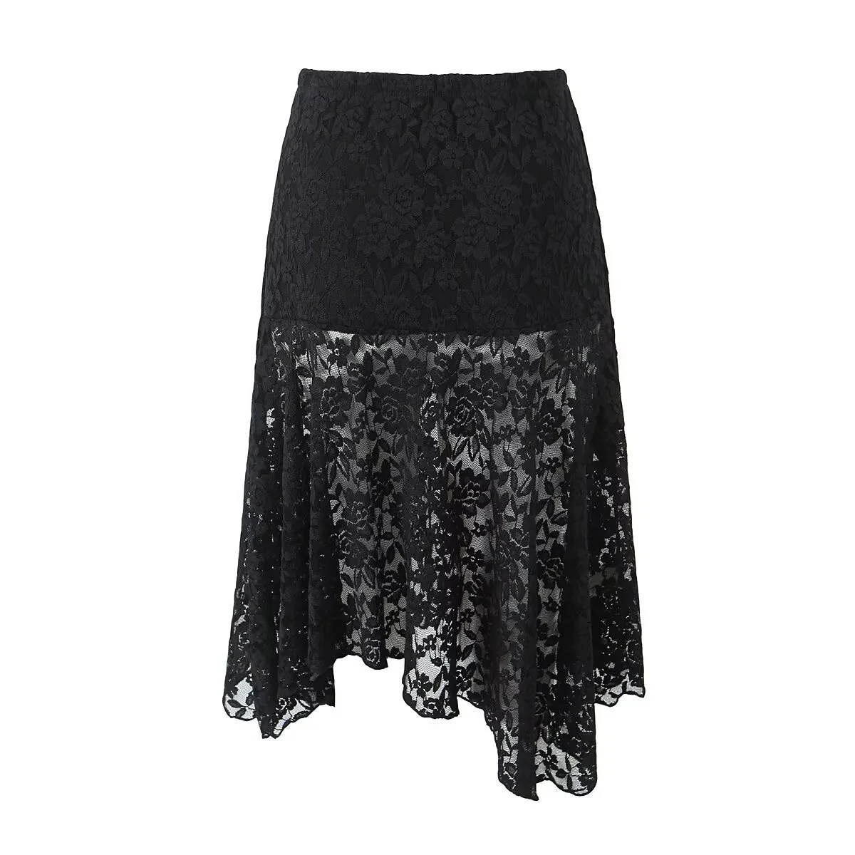 KEYANKETIAN New Women's See Through Lace Skirt Fashion Sexy Elastic Waist Asymmetrical Perspective Knee-Length A Line Skirt