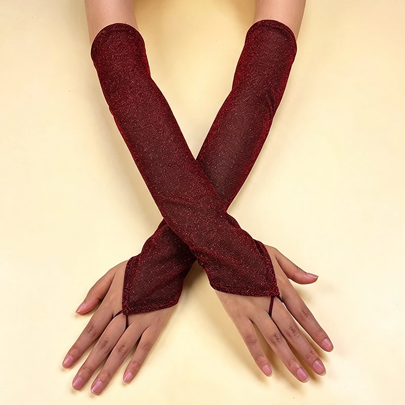 45cm Women Shiny Solid Hook Finger Gloves Opera Dance Party Stage Performance Nightclub Cosplay Eleagnt Breathable Thin