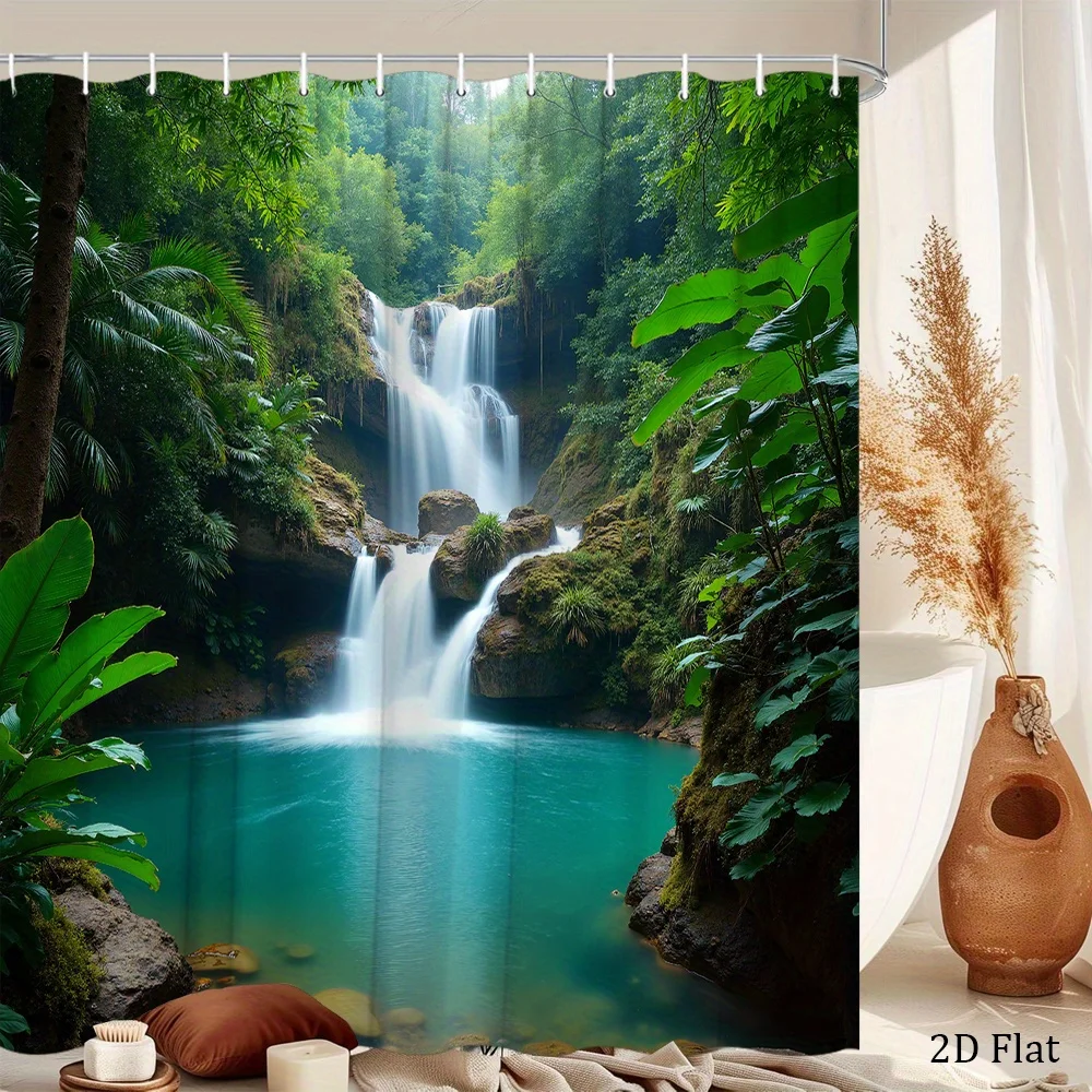 1pc a Shower Curtain Featuring a Tropical Waterfall Design with Lush Green Plants And Cascading Water Flowing Into a Turquoise P