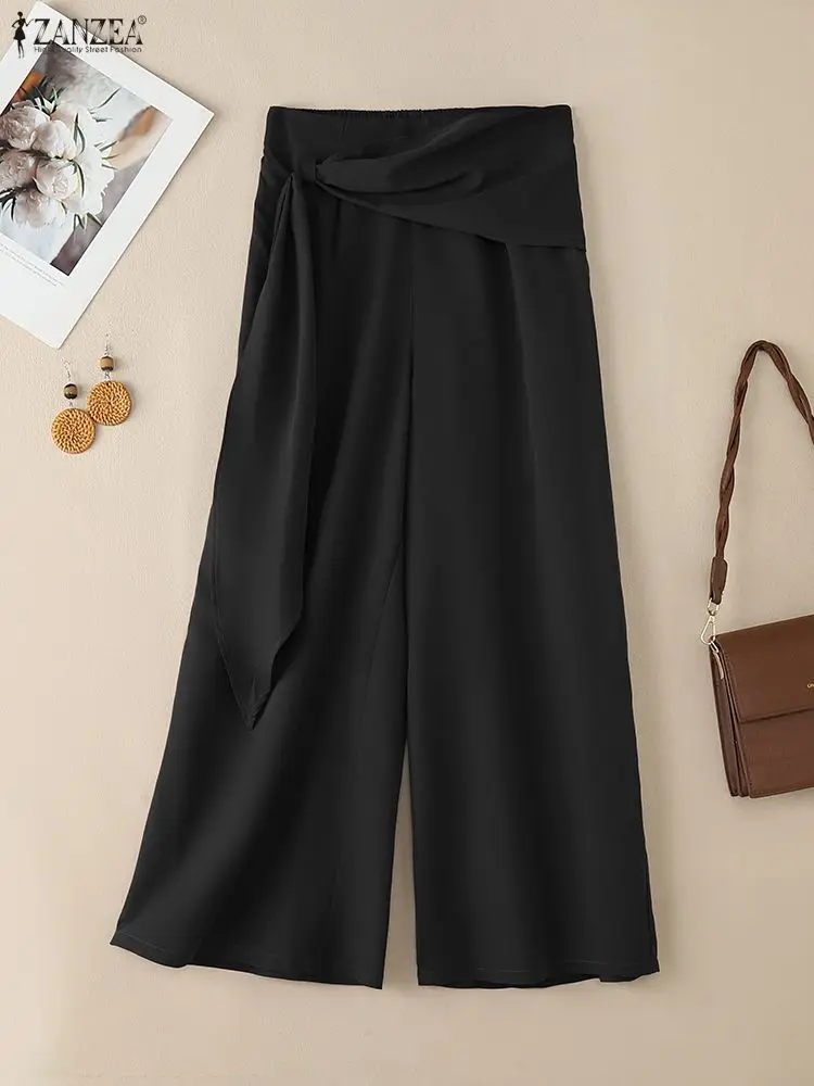 ZANZEA Women Fashion Chic Wide Leg Pants Elastic High Waist Ribbon Detailed Solid Color Loose Trousers Commuting Wear Woman Pant