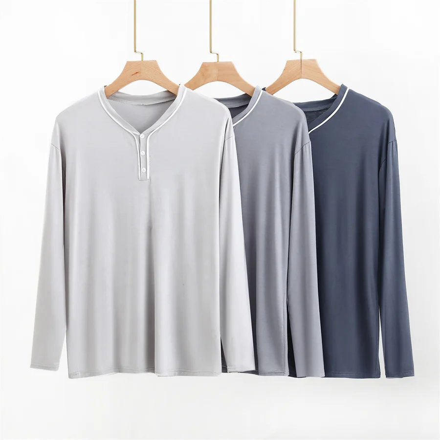 Modal Pajamas Sleep Tops Men\'s Button-down V-neck Long Sleeve T-shirt Simple Underwear Casual Sleepwear Men Henley Shirt