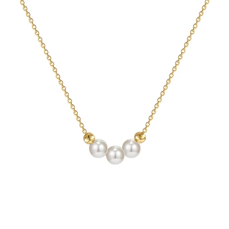 Three-Pearl Smiling Pendant Necklace Round Gold Spacer Bead Dainty Thin Cable Chain Minimal Layering Collar Jewelry For Women
