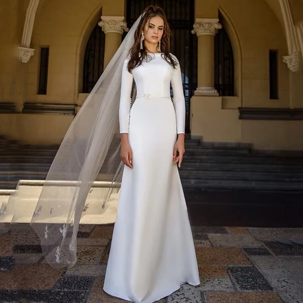 فستان زفاف بسيط مخصص للمرأة العروس ألف خط كلاسيكي ساتان كم طويل رقبة عالية زر كريستال ترتر فستان زفاف