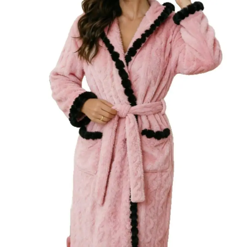 Thicken Women Sleepwear Kimono Gown Flannel Hooded Nightwear Long Sleeve Daily Elegant Home Clothes Shower Spa Casual Hpme Wear